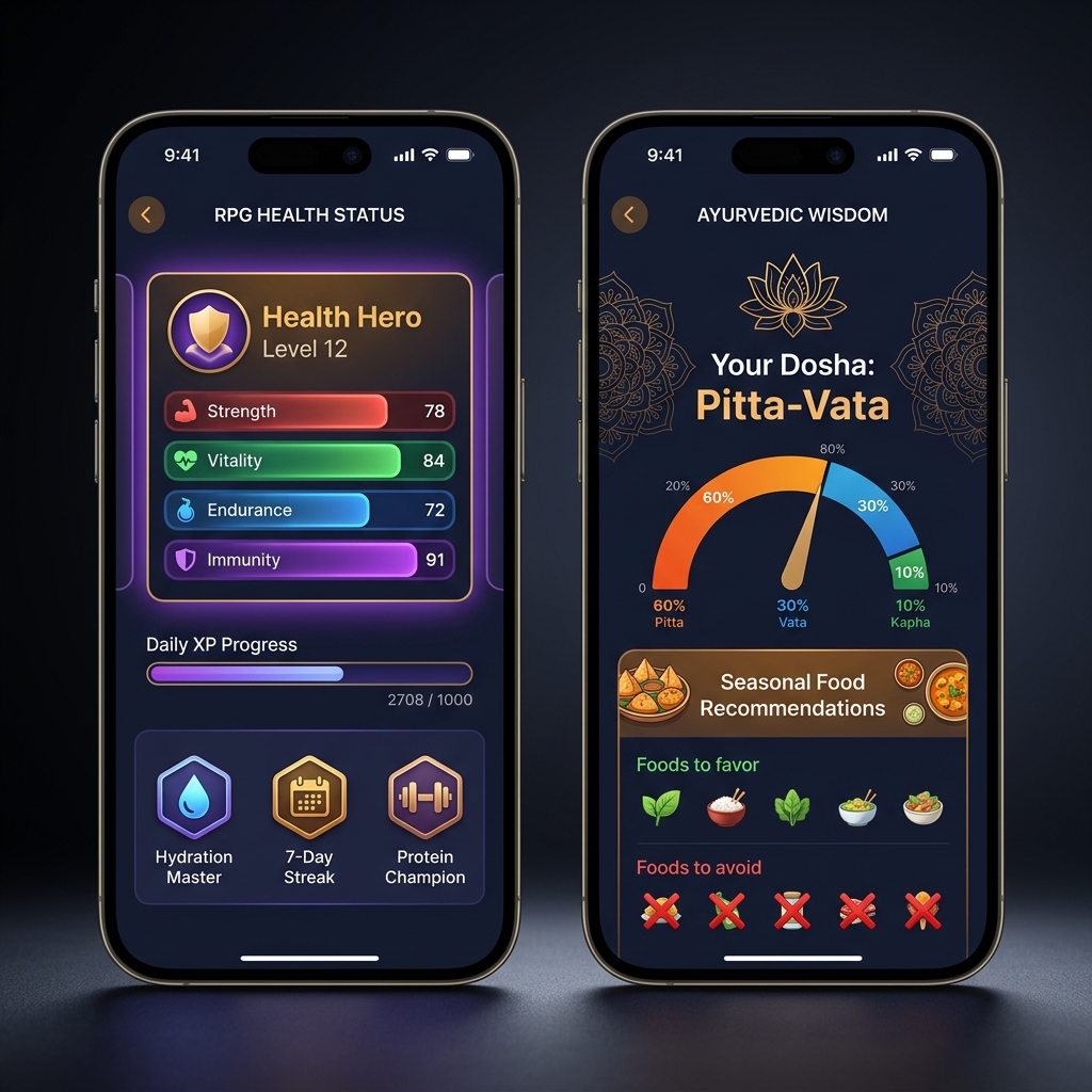 Calivora Pro RPG Health Status and Ayurvedic Dosha screen