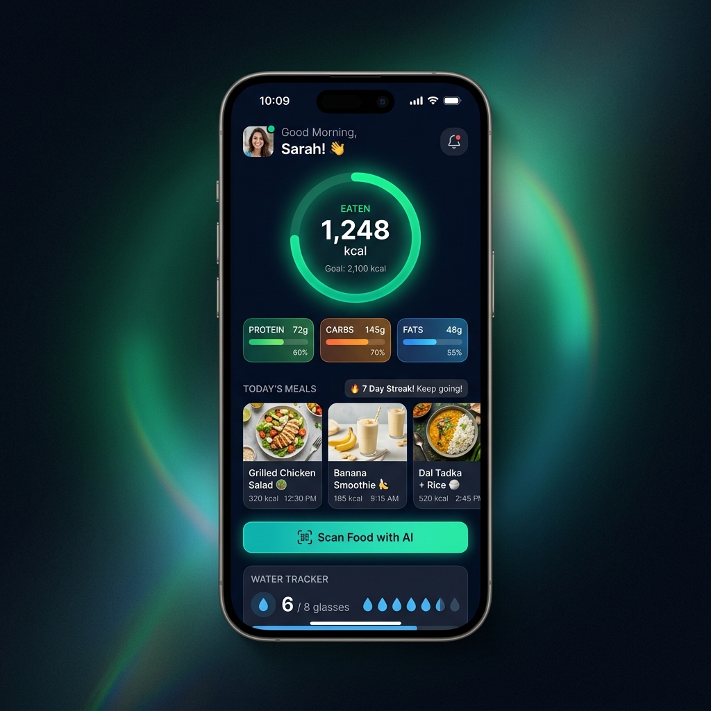 Calivora Pro Home Dashboard — calorie ring, macro tracking, meal log