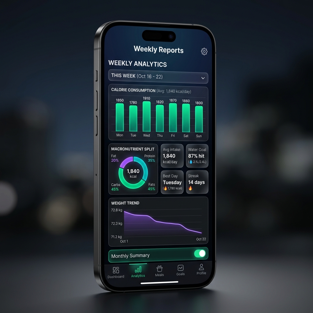 Calivora Pro Weekly Reports — calorie bar chart, macro donut, weight trend