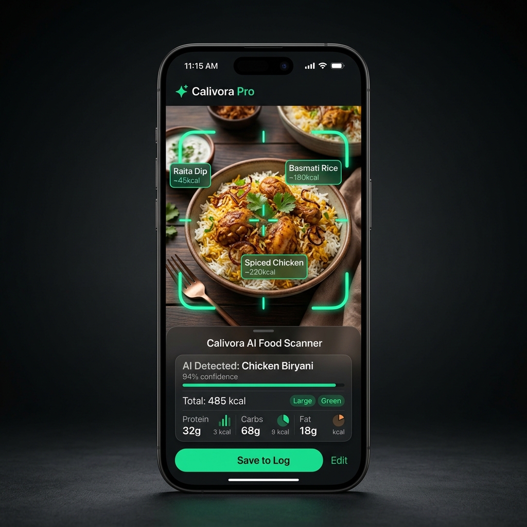 Calivora Pro AI Food Scanner — detecting Chicken Biryani with 94% confidence